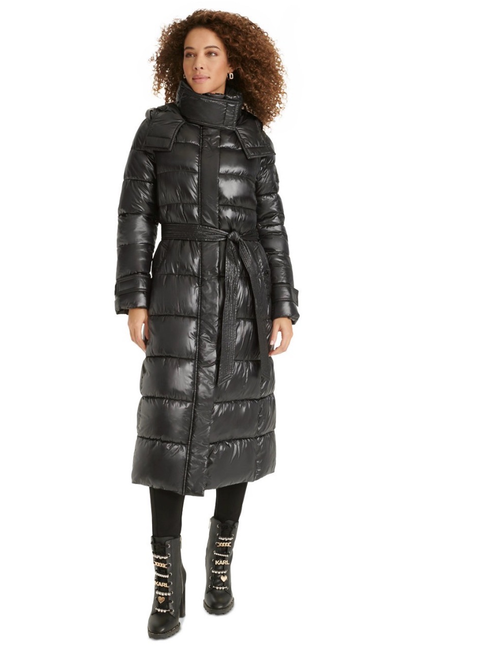 KARL LAGERFELD PARIS Women's Shine Hooded Belted Puffer Coat